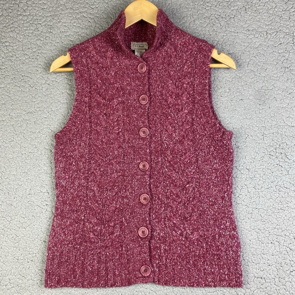 LL‎ Bean Sweater Vest Women's XS Wool Blend Button Cable Knit Reg Red 0GLN2